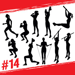 Image showing Vector silhouettes of people doing fitness and crossfit workouts