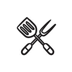 Image showing Kitchen spatula and big fork sketch icon.