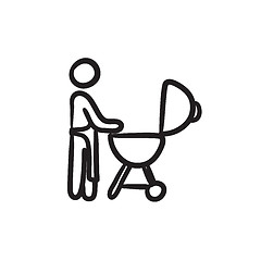 Image showing Man at barbecue grill sketch icon.