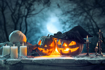 Image showing Halloween pumpkins on blue background