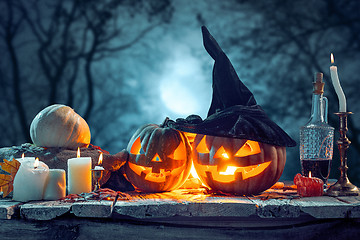 Image showing Halloween pumpkins on blue background