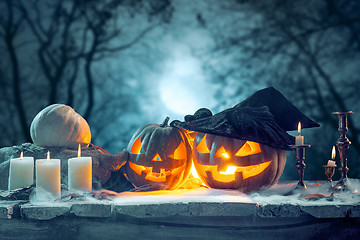 Image showing Halloween pumpkins on blue background