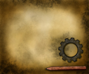 Image showing gear wheel and pen on grunge background