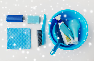 Image showing basin with cleaning stuff on white background