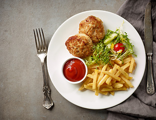 Image showing Plate of fried potatoes and cutlets