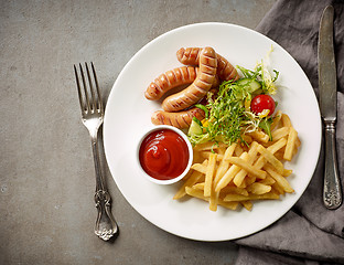 Image showing Plate of fried potatoes and sausages
