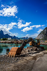 Image showing Excavator, bulldozer repair work on the road. Norway