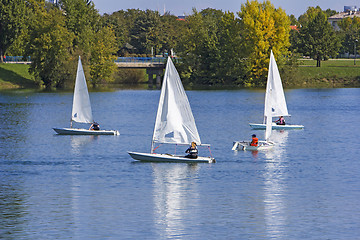 Image showing Regatta sailing of small boats on the lake