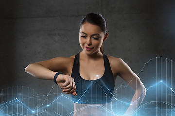 Image showing young woman with heart-rate watch in gym