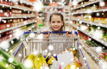 Image showing girl with food in shopping cart at grocery store