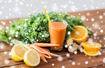 Image showing glass of carrot juice, fruits and vegetables