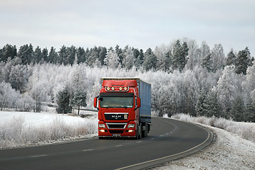 Image showing MAN Semi Trailer and Winter Road Landscape