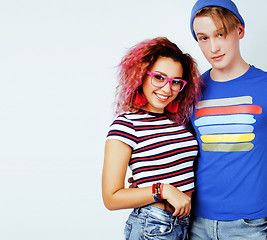 Image showing best friends teenage girl and boy together having fun, posing emotional on white background, couple happy smiling, lifestyle people concept, blond and brunette multi nations