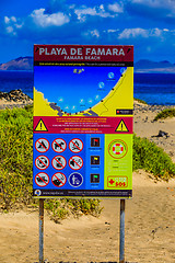 Image showing Precautions are taken at Surfers Beach Famara on Lanzarote.