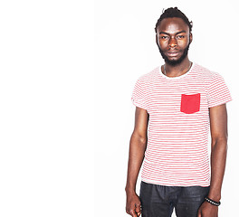 Image showing young handsome afro american boy in stylish hipster gesturing emotional isolated on white background smiling, lifestyle people concept