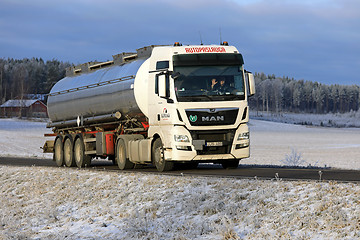 Image showing MAN Semi Tanker on Winter Highway