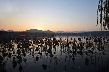 Image showing Sunset around the West Lake in Hangzhou