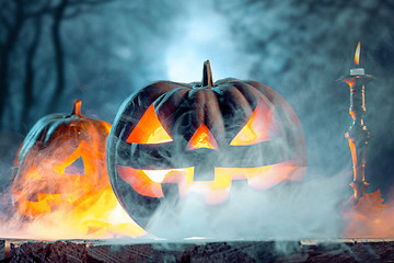 Image showing Halloween pumpkins on blue background