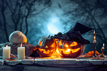 Image showing Halloween pumpkins on blue background