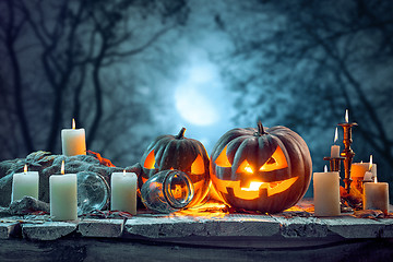 Image showing Halloween pumpkins on blue background