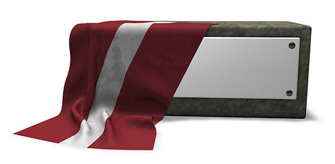 Image showing stone socket with blank sign and flag of latvia - 3d rendering