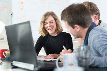 Image showing Relaxed informal IT business startup company team meeting.