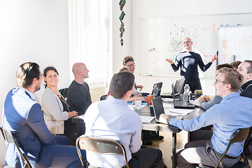 Image showing Relaxed informal IT business startup company team meeting.