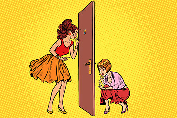 Image showing Two women spy on each other through the door