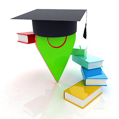 Image showing Pointer of education in graduation hat with books around. 3d ill