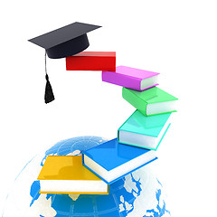 Image showing Earth of education with books around and graduation hat. Global 