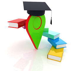 Image showing Pointer of education in graduation hat with books around. 3d ill