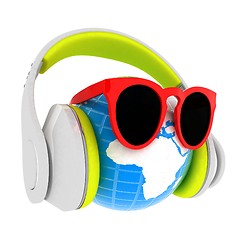 Image showing Earth planet with earphones and sunglasses. 3d illustration