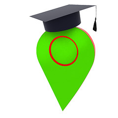 Image showing Geo pin with graduation hat on white. School sign, geolocation a