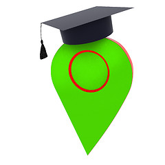 Image showing Geo pin with graduation hat on white. School sign, geolocation a