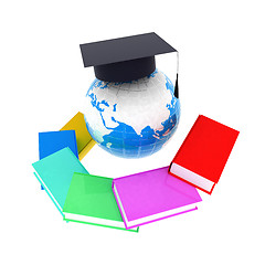 Image showing Earth of education with books around and graduation hat. Global 