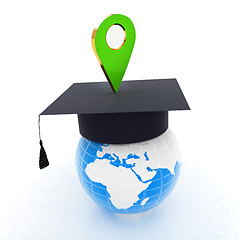 Image showing Geo pin with graduation hat on white. School sign, geolocation a