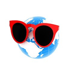 Image showing Earth planet with earphones and sunglasses. 3d illustration