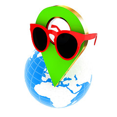 Image showing Glamour map pointer in sunglasses on Earth. 3d illustration