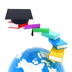 Image showing Earth of education with books around and graduation hat. Global 