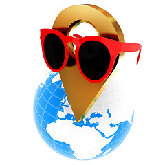 Image showing Glamour map pointer in sunglasses on Earth. 3d illustration