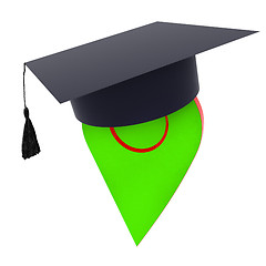 Image showing Geo pin with graduation hat on white. School sign, geolocation a