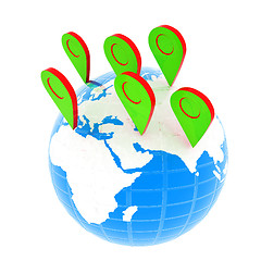 Image showing Planet Earth and map pins icon. Earth globe and colorful map lab