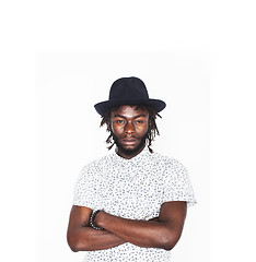 Image showing young handsome afro american boy in stylish hipster hat gesturin