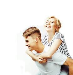 Image showing young pretty teenage couple, hipster guy with his girlfriend hap