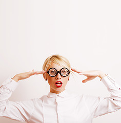 Image showing bookworm, cute young blond woman in glasses, blond hair, teenage