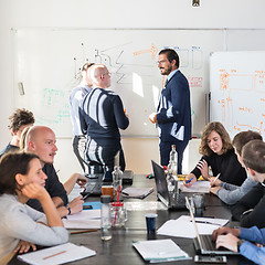 Image showing Relaxed informal IT business startup company team meeting.