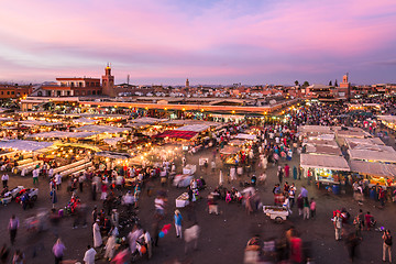 Image showing Jamaa el Fna market square in sunset, Marrakesh, Morocco, north Africa.