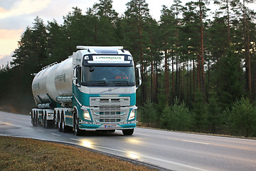 Image showing Volvo FH Tank Truck on the Road at Sunset