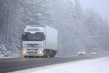 Image showing White Cargo Truck in Winter Fog