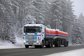 Image showing Scania 164L Tank Truck on Winter Highway